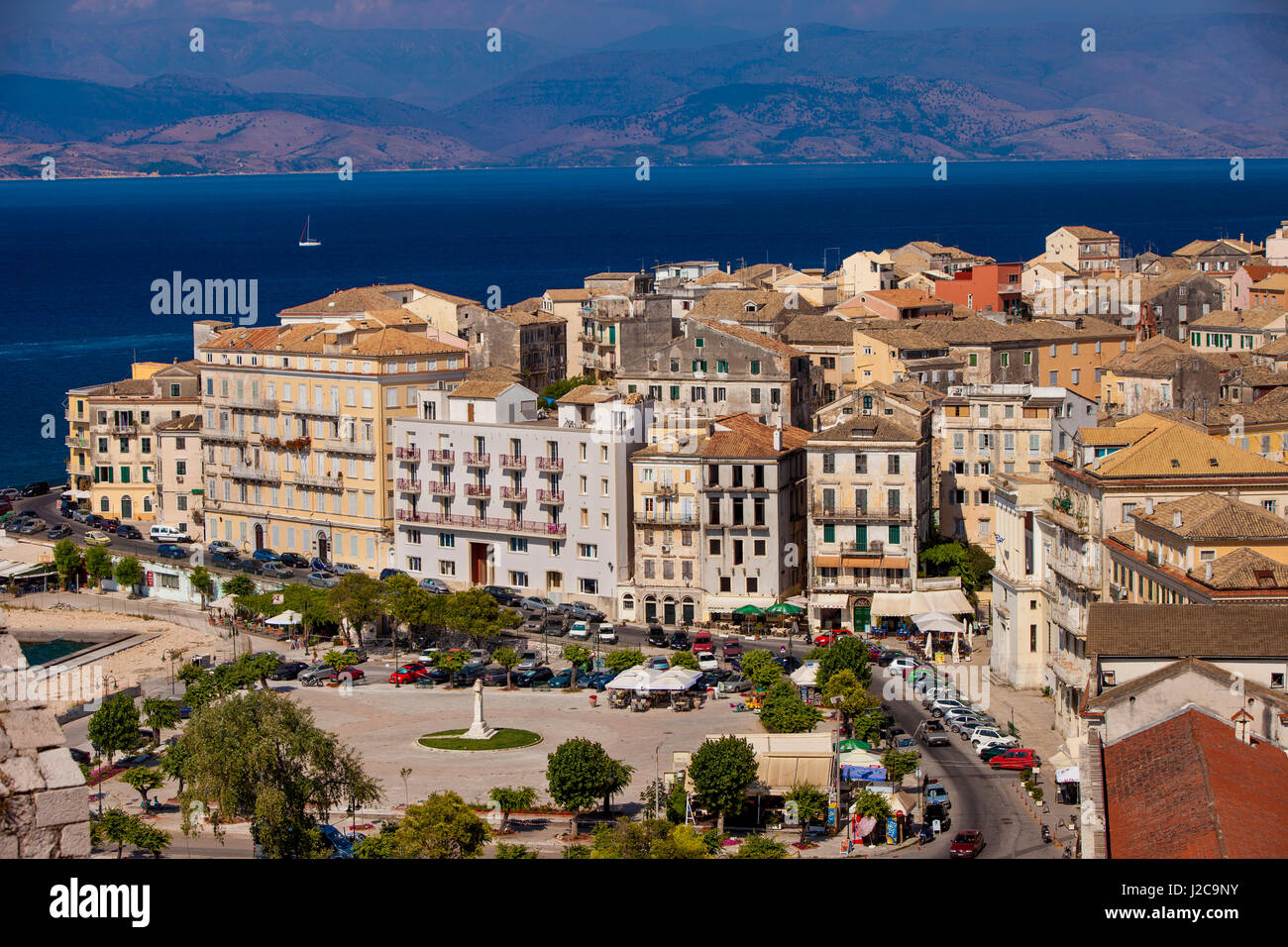 View overlooking Town Square and Buildings of Corfu Town (Kerkyra) on the Ionian Island of Corfu, Greece Stock Photo