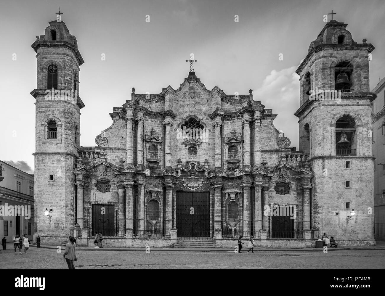 Black and white photo of The Cathedral of the Virgin Mary of the Immaculate Conception in the Plaza de la Catedral in the center of Old Havana, Cuba Stock Photo