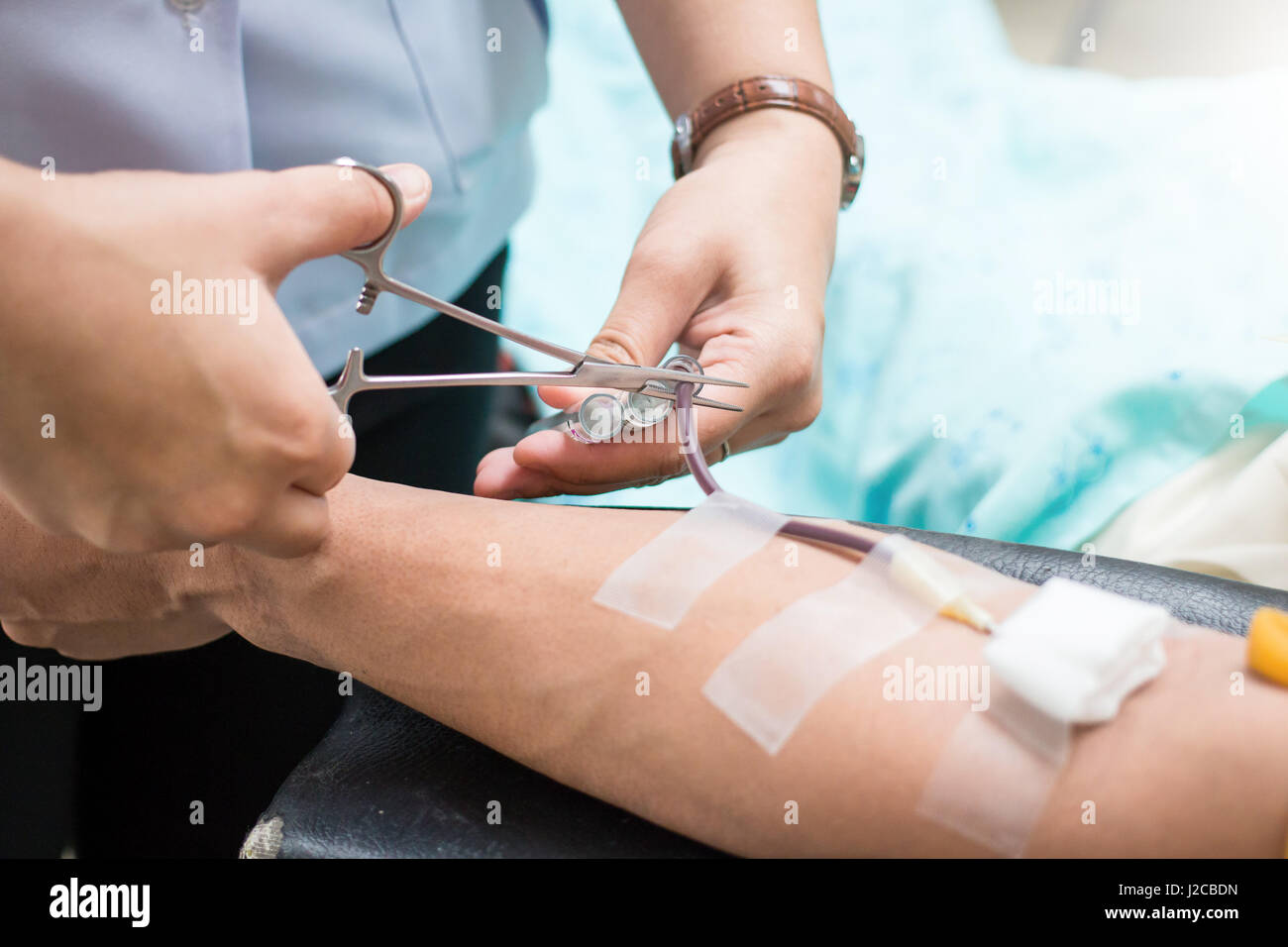 Donate blood using a needle in the arm. Stock Photo