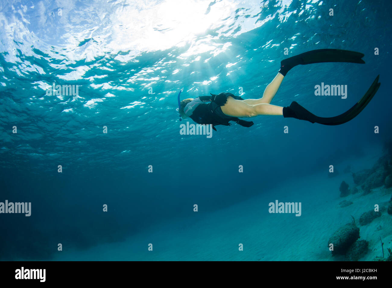 Woman snorkeling above the coral reef in clear blue water near Staniel