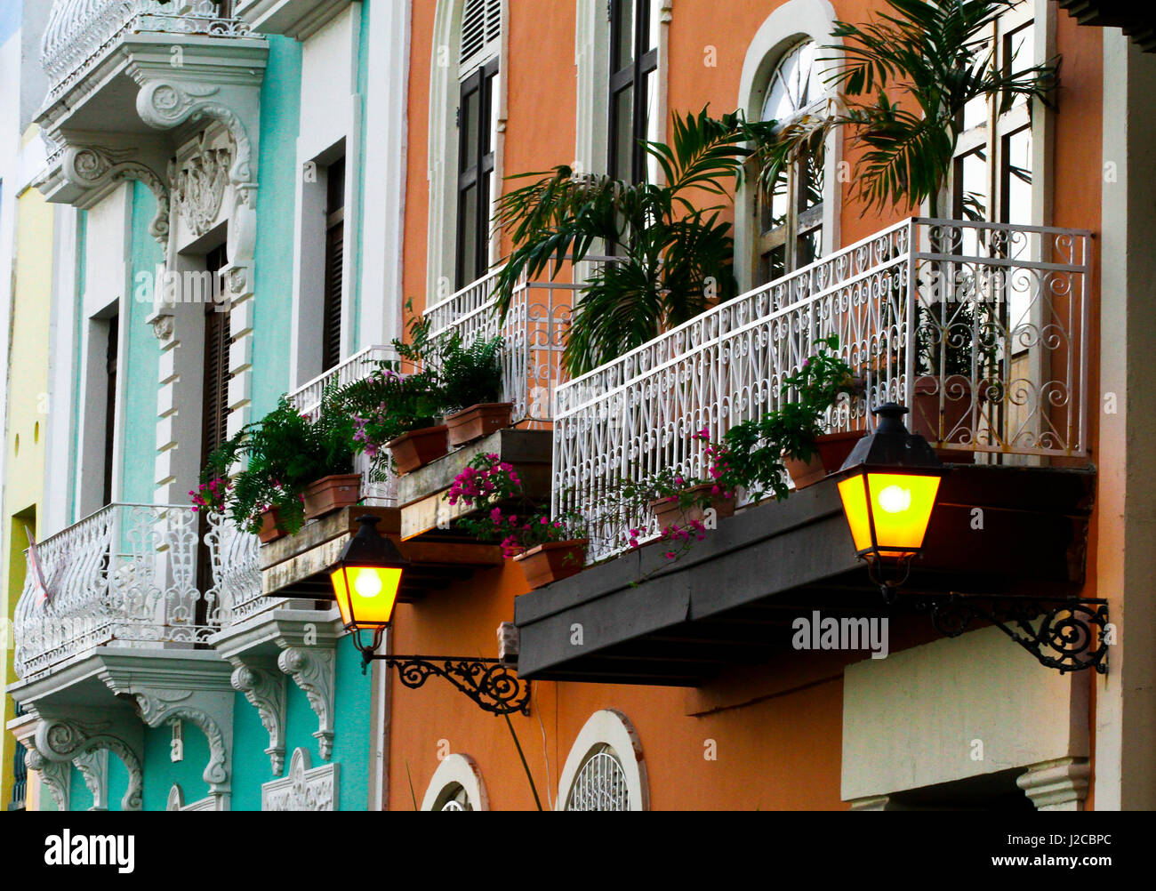 Old San Juan, Puerto Rico, Caribbean. Ornate white rod iron balconies