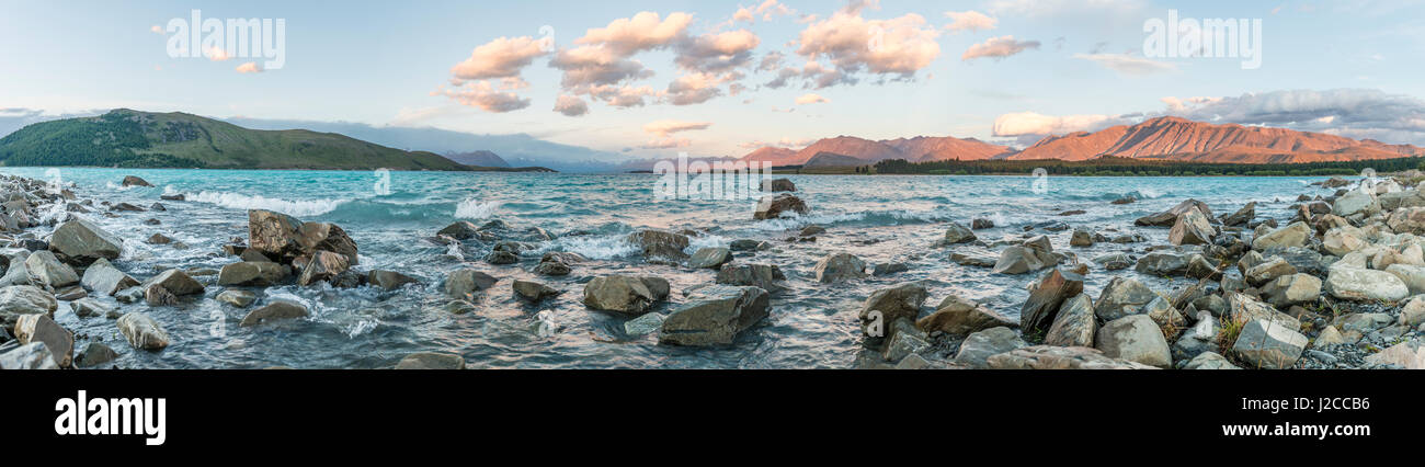 Sunset, shores of Lake Tekapo, Canterbury Region, Southland, New Zealand Stock Photo