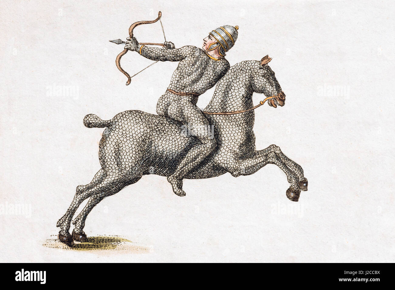 Horseman with bow and arrow in harness, handcoloured copper engraving from Friedrich Justin Bertuch Picture book for children Stock Photo