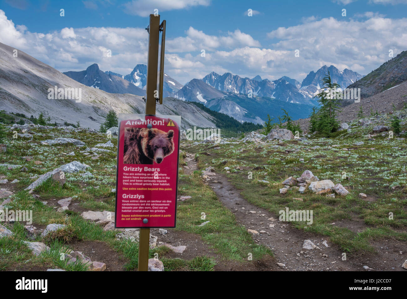 Grizzly warning sign in Assiniboine Park, Canada Stock Photo