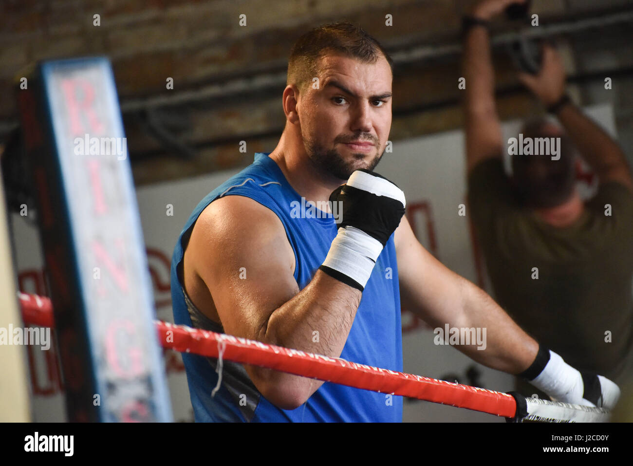 Auckland, New Zealand. 27th Apr, 2017. New Zealand heavyweight boxer Joseph  Parker's opponent Razvan Cojanu poses for camera during a media workout at  Boxing Alley in Auckland on Apr 27, 2017. Credit: