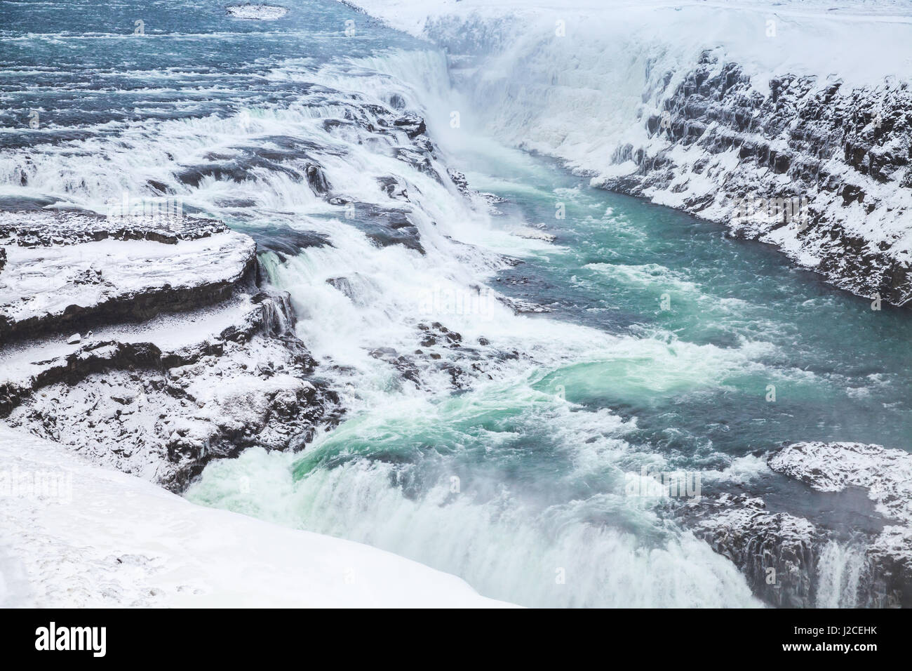Gullfoss or Golden Waterfall in winter, one of the most popular natural landmarks of Iceland Stock Photo