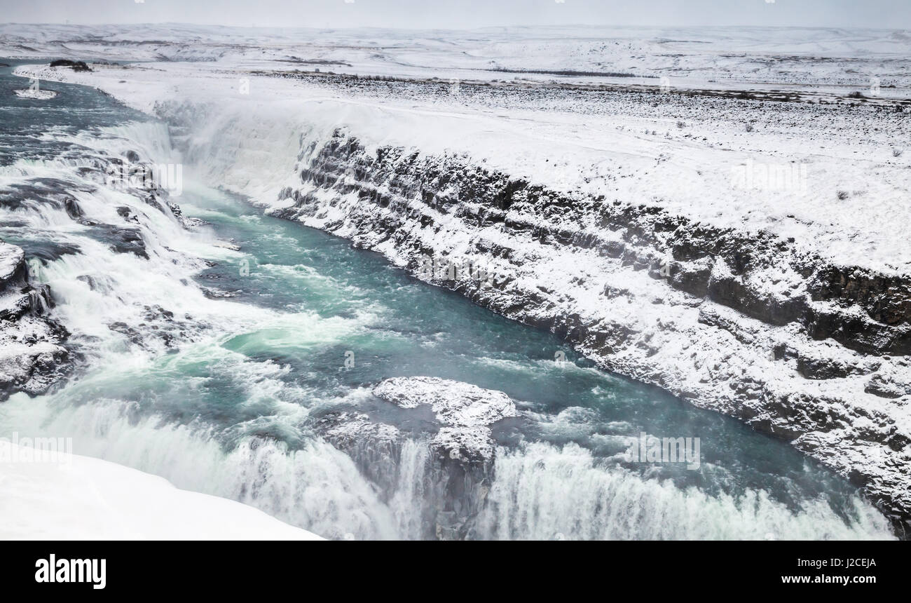 Gullfoss or Golden Waterfall in winter season, one of the most popular natural landmarks of Iceland Stock Photo