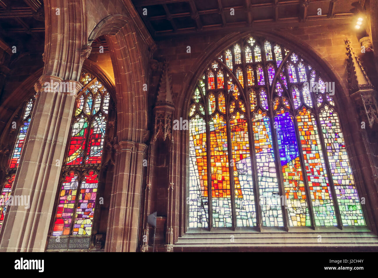Beautiful stained glass windows and colums of the Manchester Cathedral