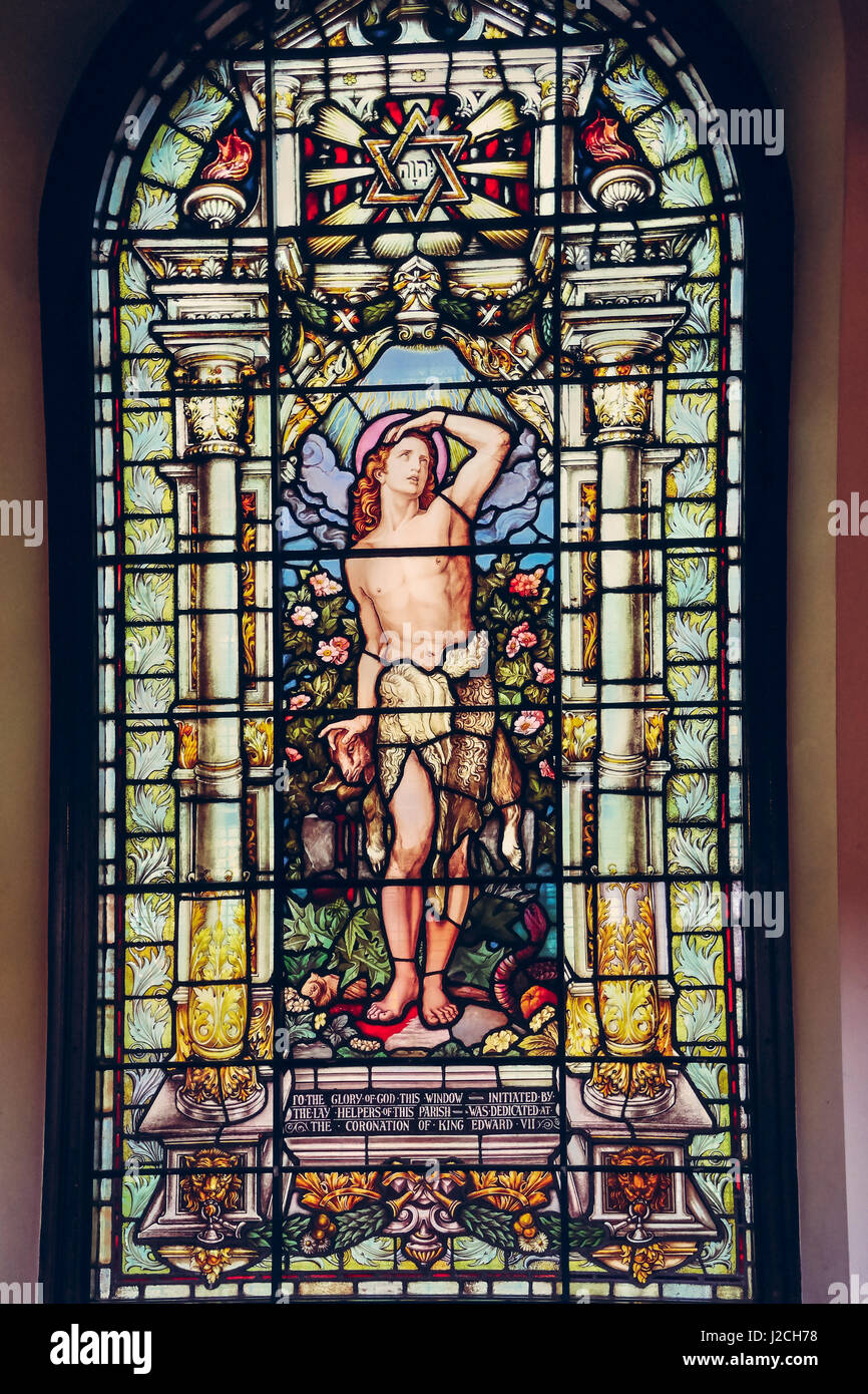 Stained Glass Window at St Anns Church in Manchester, United Kingdom Stock Photo