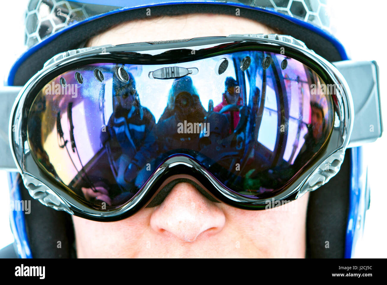 Austria, Tyrol, Jerzens, ski Leisure on the Hochzeiger in the Pitztal, reflections in the ski goggles, downhill Hochzeiger Stock Photo