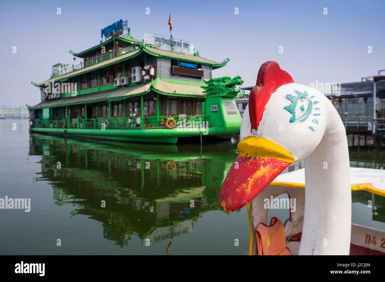 Vietnam, Hanoi. Tay Ho, West Lake, floating restaurant and swan boats Stock Photo