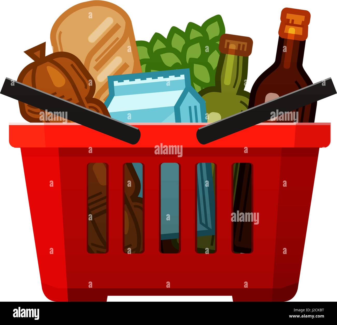Grocery shopping. Basket, store, food and drinks icon. Cartoon vector