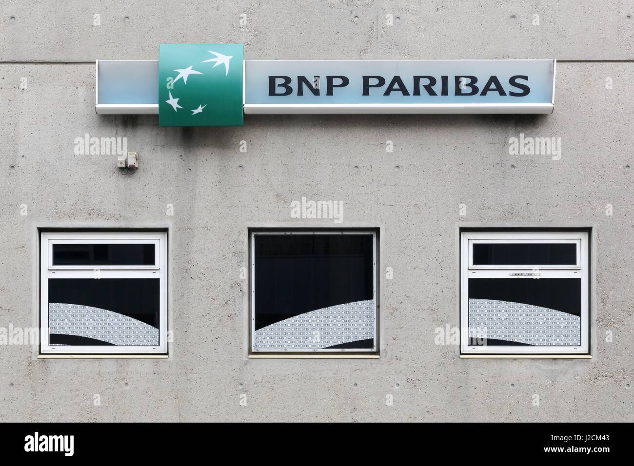 Vaux en Velin, France - February 26, 2016: BNP Paribas bank building. BNP Paribas is a French multinational bank and financial services company Stock Photo