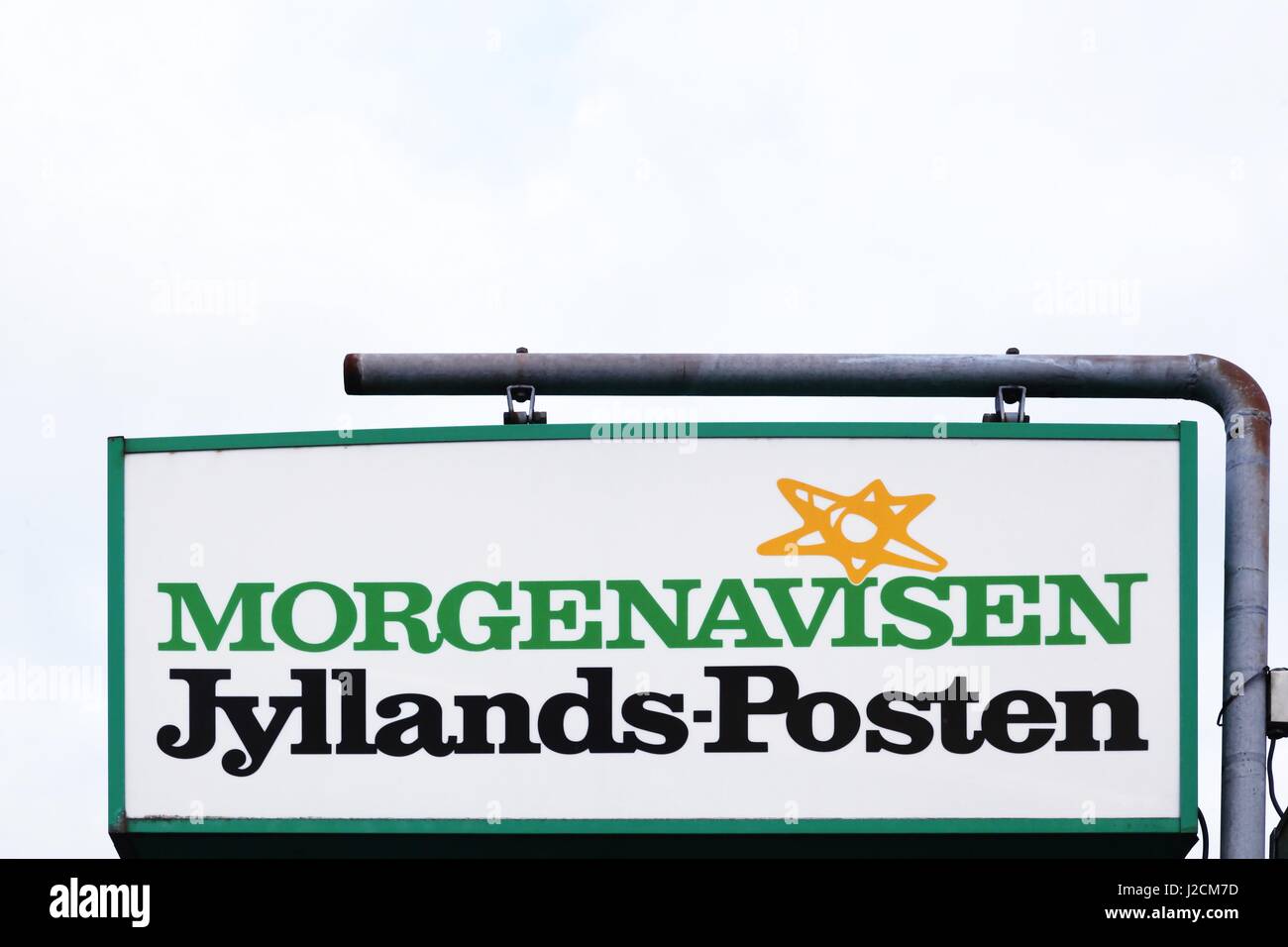 Silkeborg, Denmark - April 9, 2016: Jyllands Posten sign on a panel. Jyllands Posten commonly shortened to JP, is a Danish daily newspaper Stock Photo