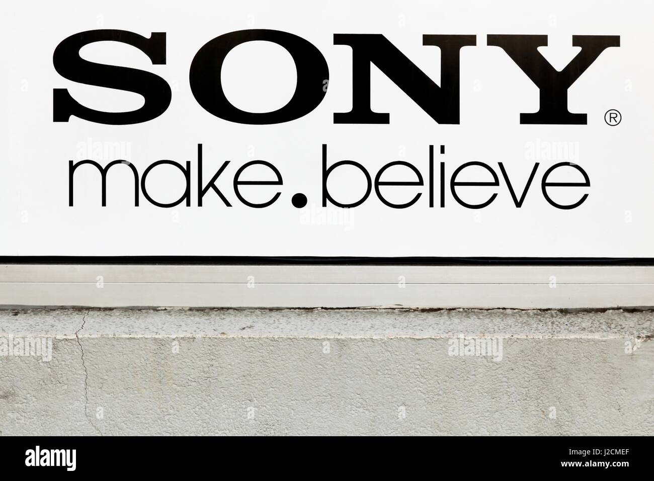 Villefranche, France - March 13, 2017: Sony logo on a wall. Sony is a Japanese multinational conglomerate corporation that is headquartered in Konan, Stock Photo