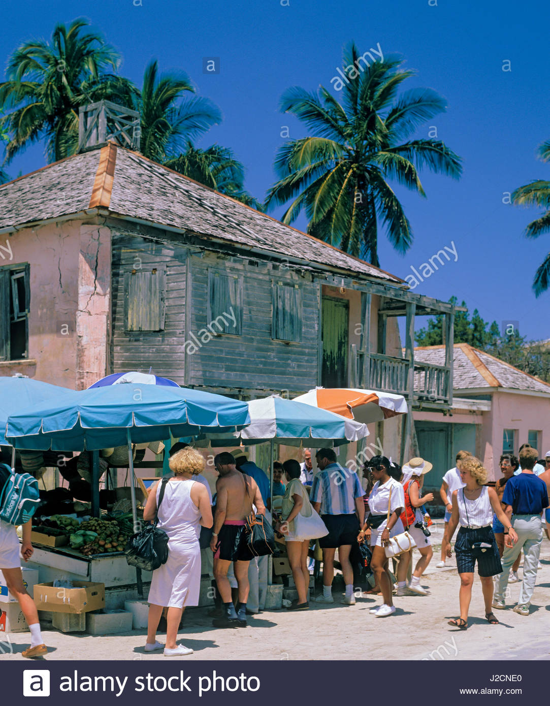 Tourists in straw market at Alice Town on North Bimini out islands in