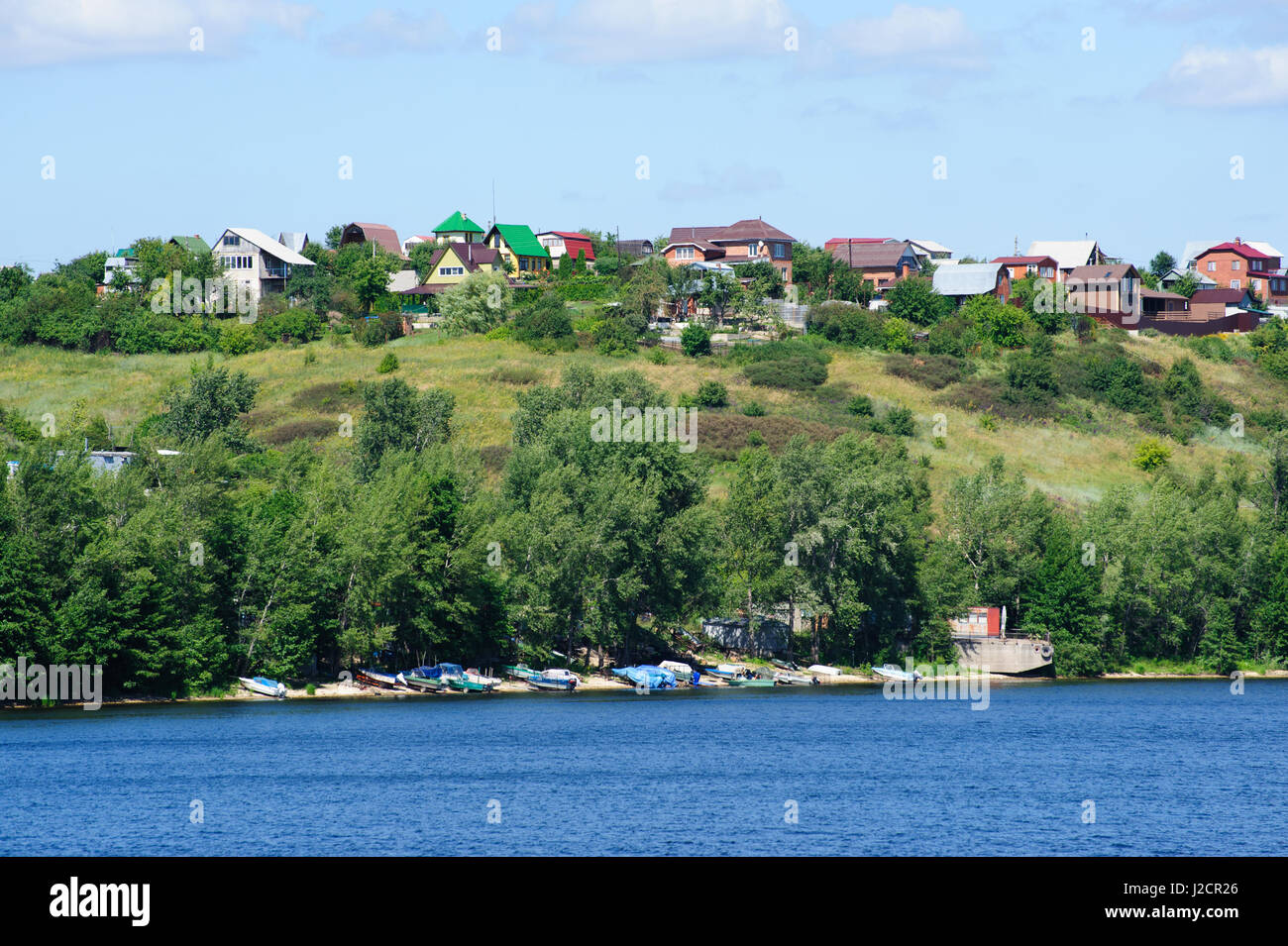 Beautiful view on Ermakovo village from river Volga in Samara region on a lovely summer day Stock Photo