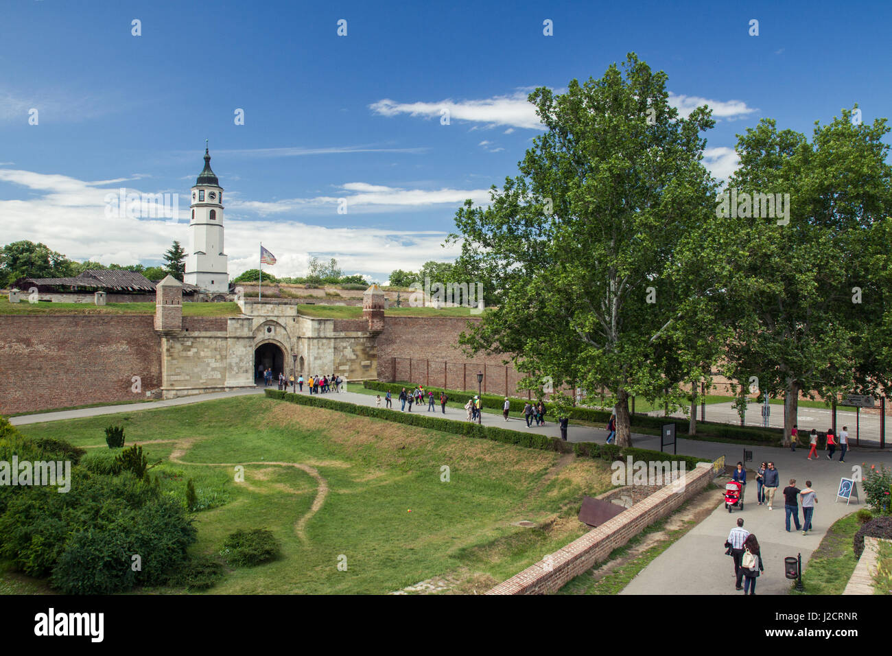 BELGRADE, SERBIA - MAY 25: Tourist visit Kalemegdan fortress and famous Sahat tower on May 25, 2013 in Belgrade. Stock Photo