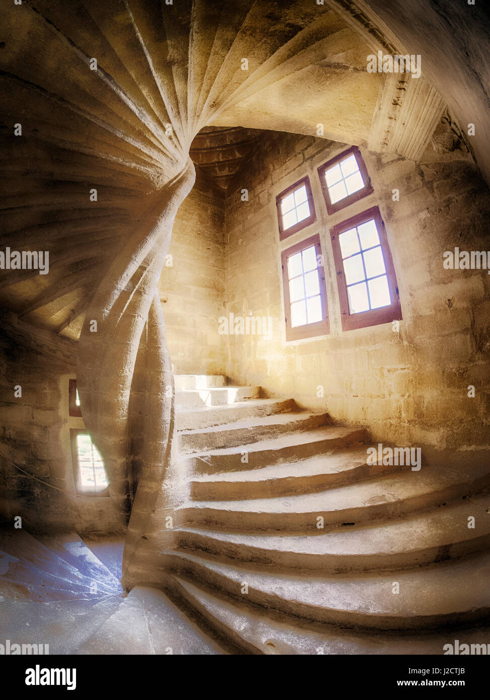 France, Provence, Lourmarin, Spiral staircase in Chateau de Lourmarin Stock Photo