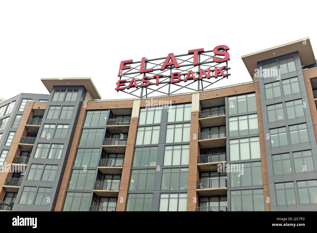 Flats East Bank sign over building in Cleveland, Ohio, USA Stock Photo