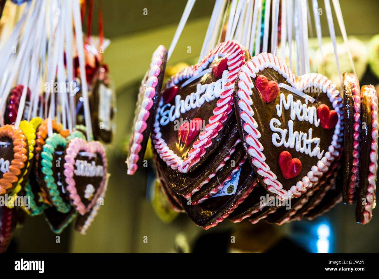 Augsburg, Germany. German Beer Festival frosted, hanging, gingerbread love hearts Stock Photo