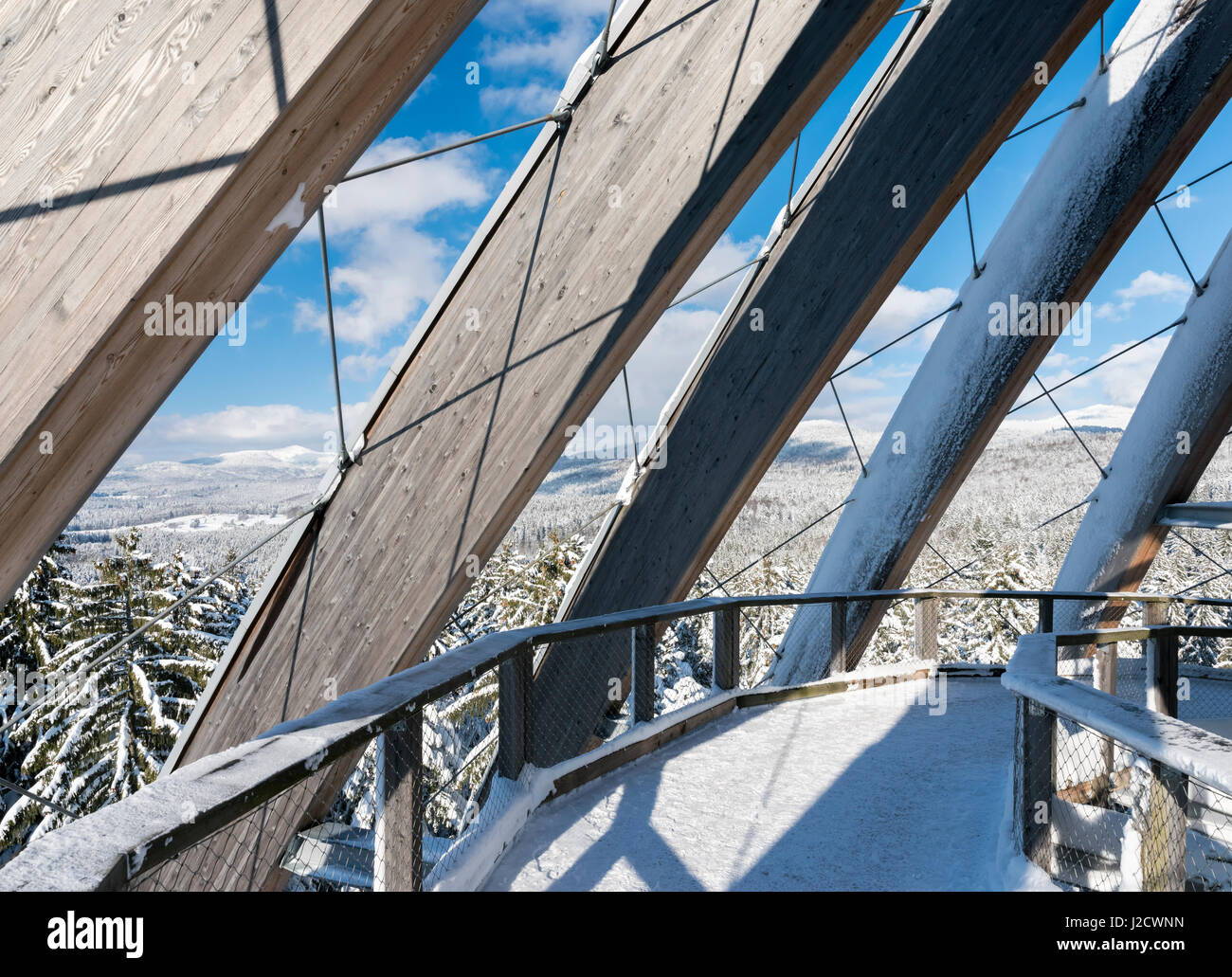 View of the mountains of the National Park Bavarian Forest (Bayerischer Wald) in the deep of winter. Seen from the viewing platform of the Canopy Walkway in Neuschoenau. (Large format sizes available) Stock Photo
