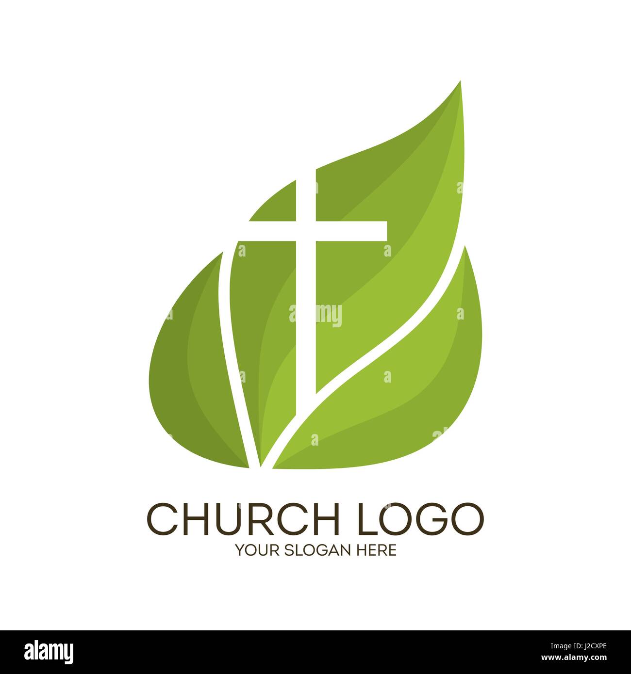 Church logo. Christian symbols. Cross on a background of green leaves ...