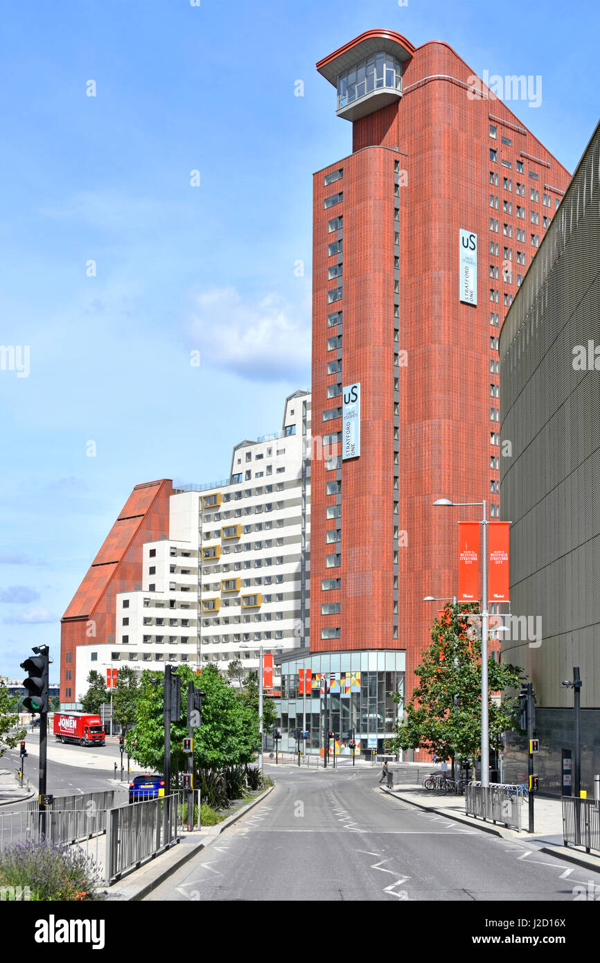 Unite Group Plc purpose built flats 'Stratford One' student accommodation within London Olympic Park  next to Stratford City Westfield shopping centre Stock Photo