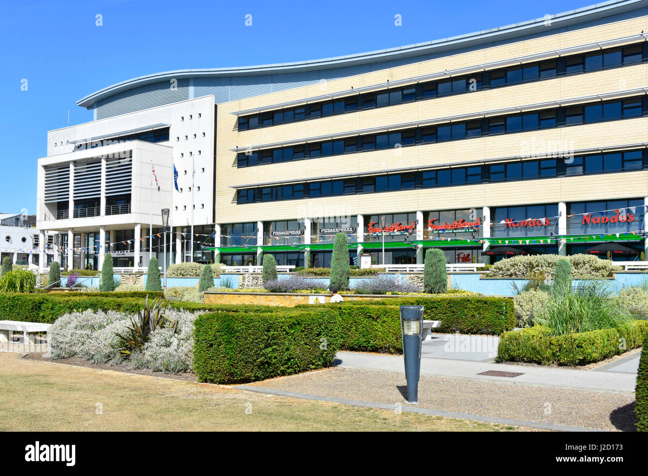 Fast food restaurant in Harlow new town Civic Centre building Essex UK premises for Frankie & Bennys Nandos & Pizza Express fast food & restaurants Stock Photo