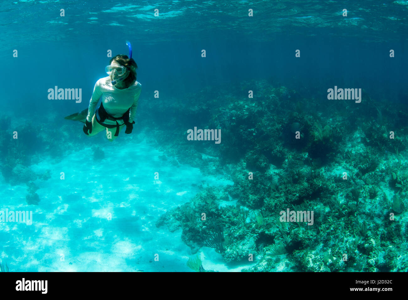 Woman snorkeling above a coral reef in clear blue water near Staniel