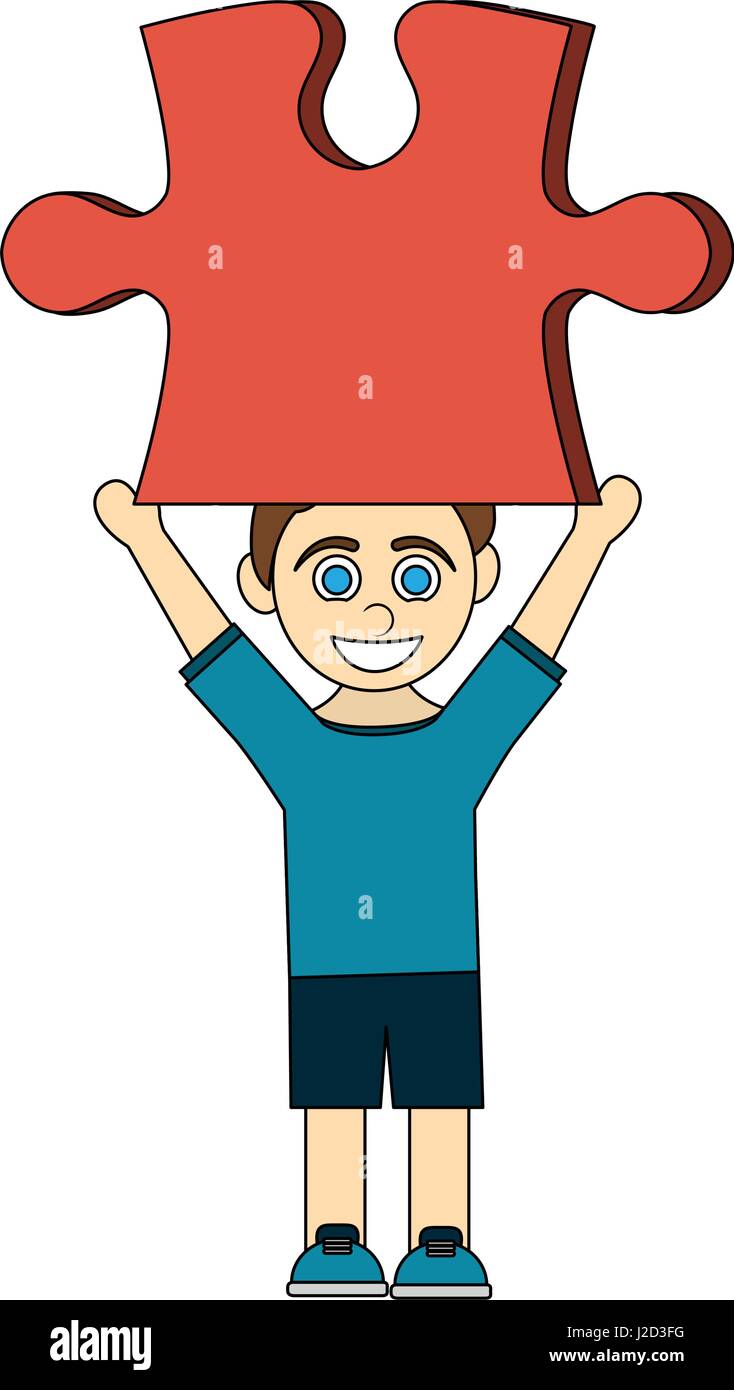 colorful caricature boy with red puzzle piece up Stock Vector