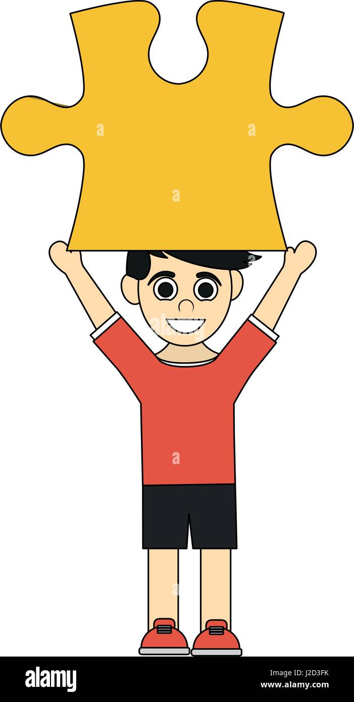 colorful caricature boy with red yellow piece up Stock Vector