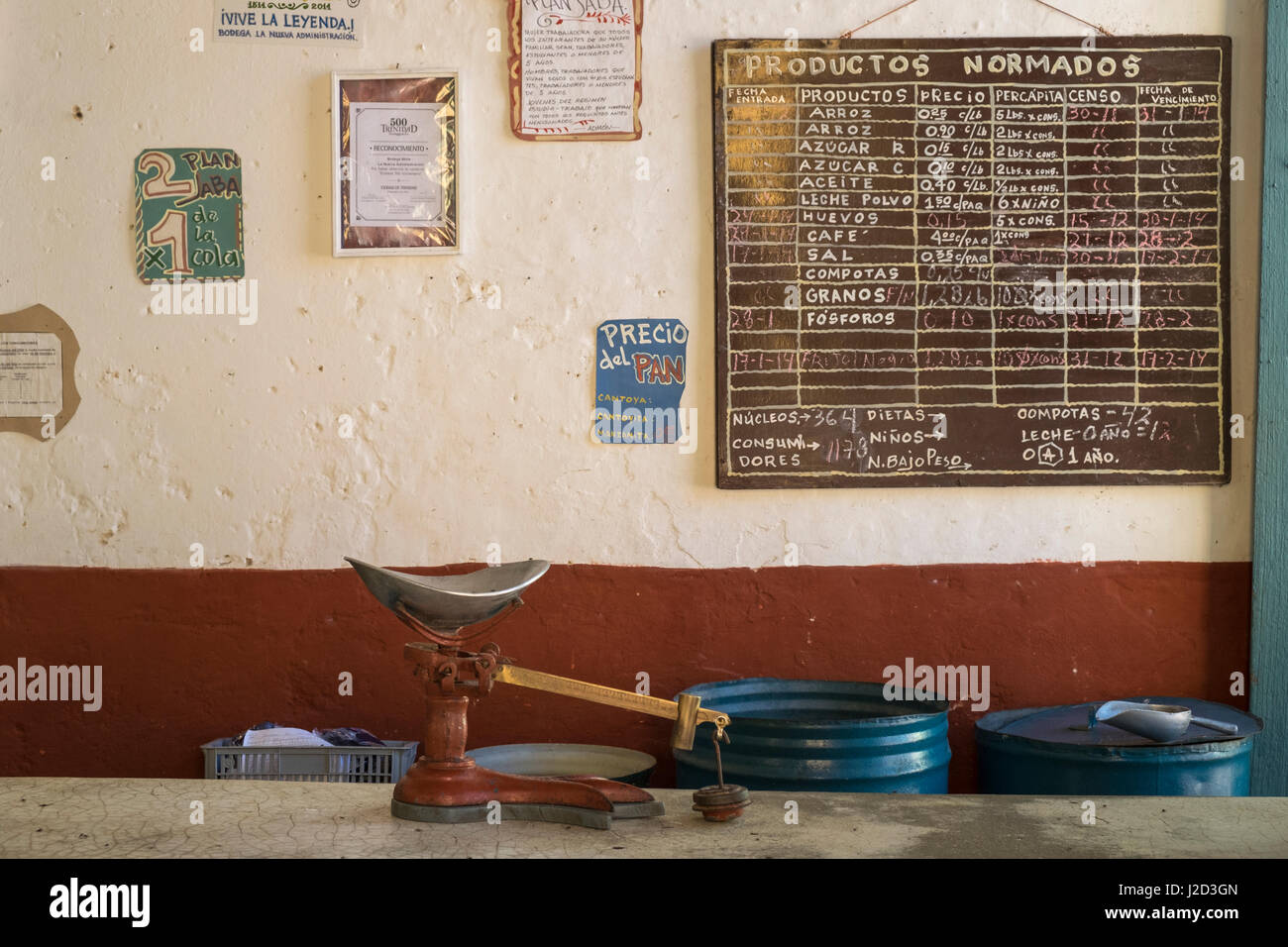 Cuba, Trinidad. Scales wait for customers in a ration store. Stock Photo
