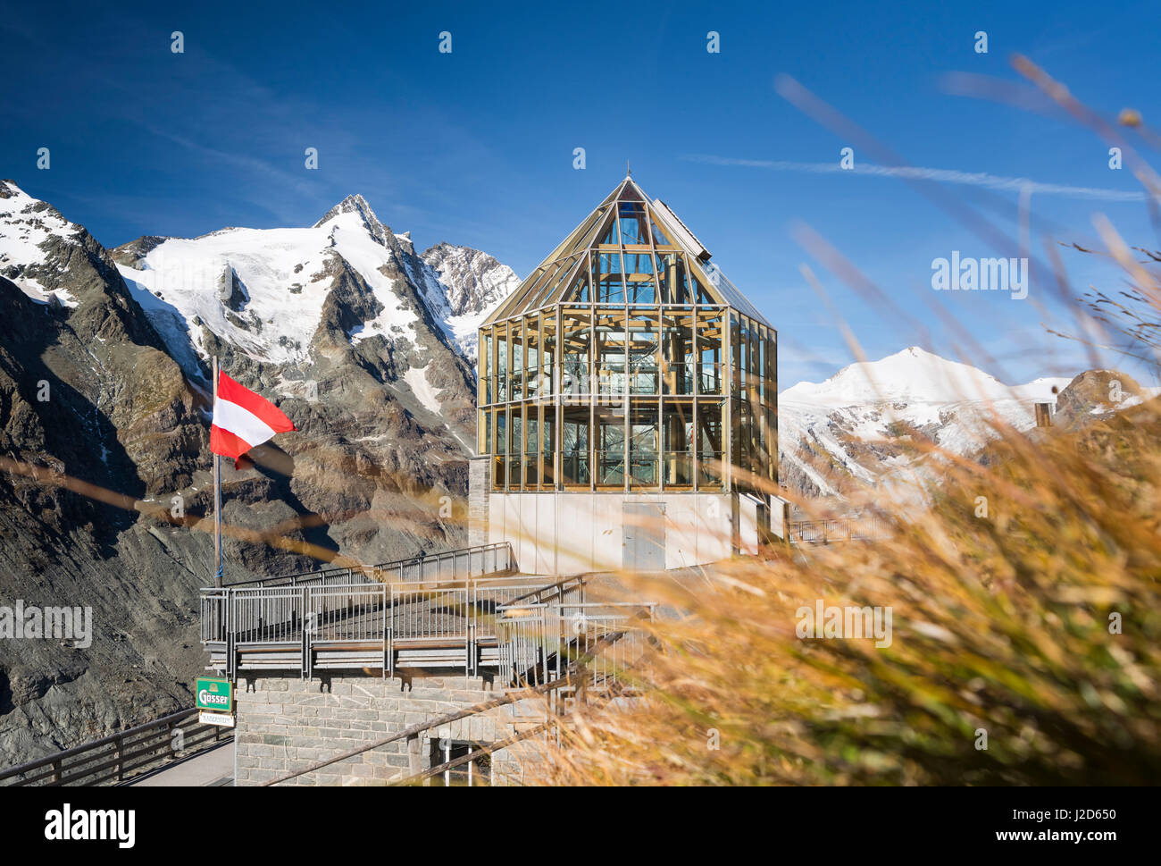Wilhelm Swarovski Beobachtungswarte (wildlife viewing center) at Kaiser  Franz-Josef-Hoehe, built like a berg crystal. Mt. Grossglockner in the  background. Austria, September (Large format sizes available Stock Photo -  Alamy
