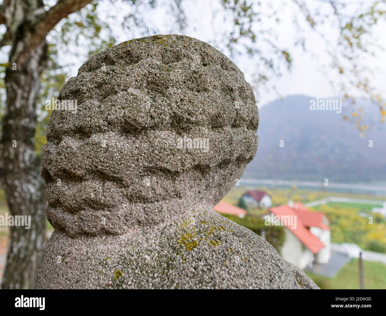 Place of discovery of the Venus von Willendorf (Woman of Willendorf) and a replica commemorating the find. The Wachau is a famous vineyard and listed as Wachau Cultural Landscape as UNESCO World Heritage. Austria (Large format sizes available) Stock Photo