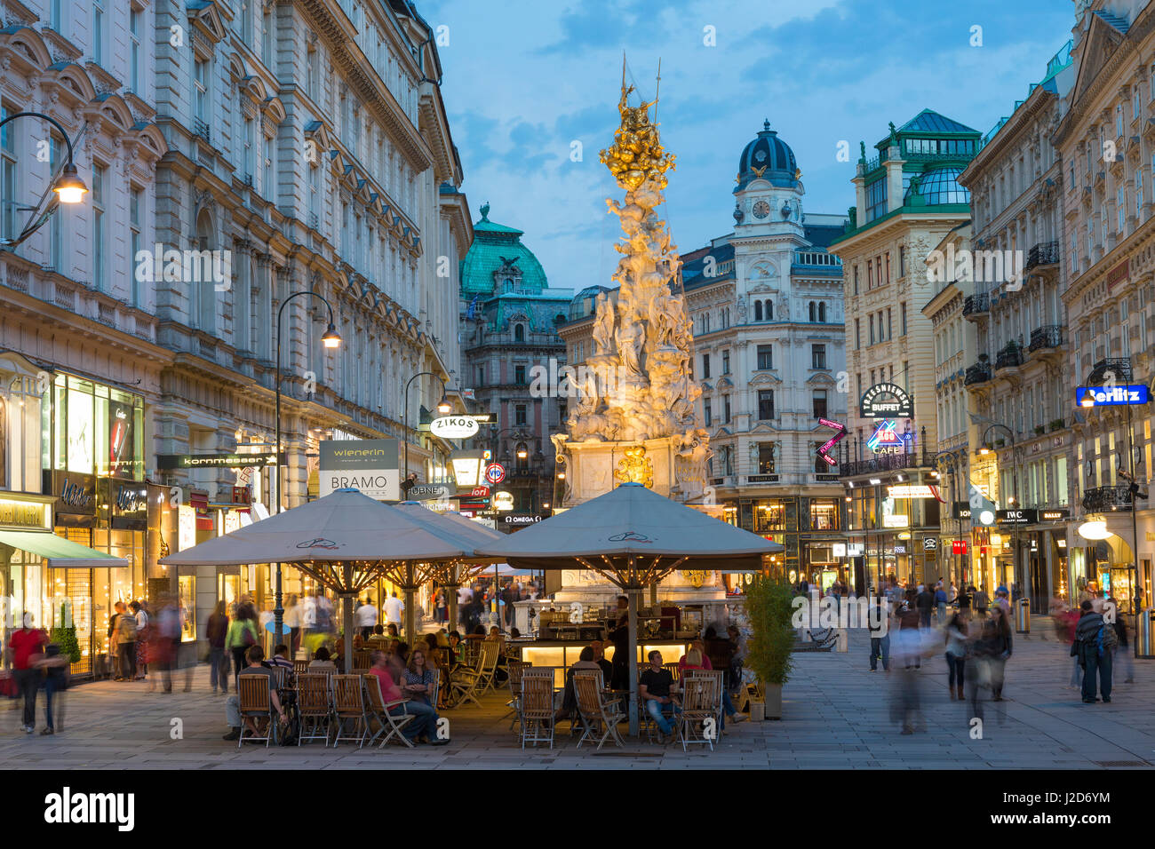 Pestsaule or the Plague Column, Graben Street at night, Vienna, Austria Stock Photo