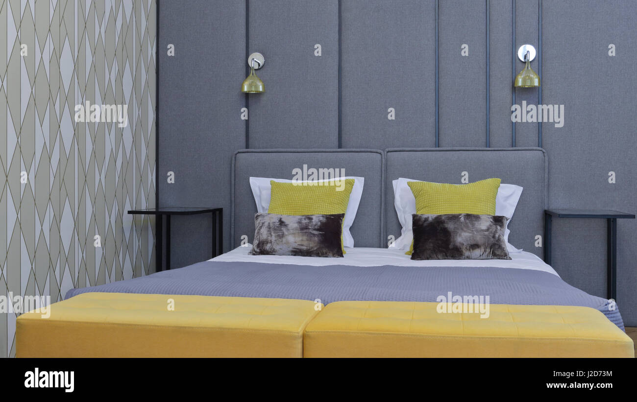 Big bed grey decorative pillows hi-res stock photography and images - Alamy