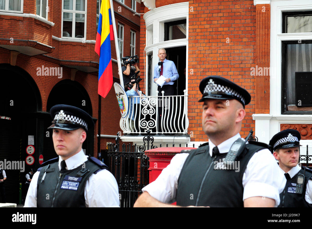 The founder of Wikileaks, Julian Assange addresses his supporters from the balcony of the Ecuadorian embassy in London Stock Photo