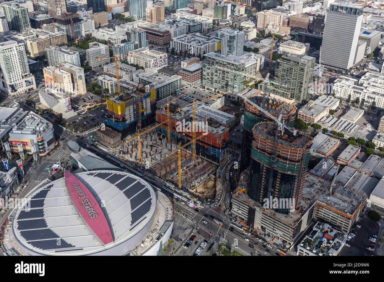 Los Angeles, California, USA - April 12, 2017:  Aerial view of Staples Center and neighboring Oceanwide Plaza construction site. Stock Photo