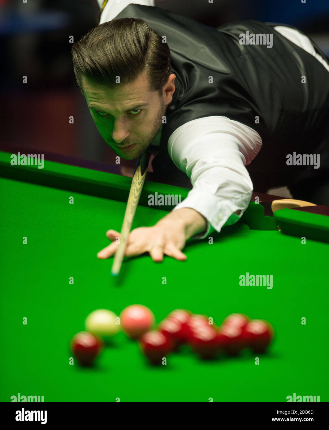Sheffield, UK. 27th Apr, 2017. Mark Selby of England competes during the first session of the semifinal match against Ding Junhui of China during the World Snooker Championship 2017 at the Crucible Theatre in Sheffield, UK, on April 27, 2017. Credit: Jon Buckle/Xinhua/Alamy Live News Stock Photo