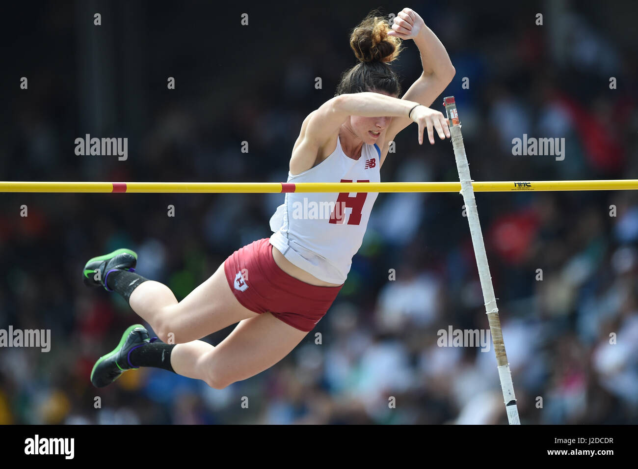 Philadelphia, Pennsylvania, USA. 27th Apr, 2017. Harvard's Marlena Sabatino clears 3.80 meters during the 123rd games games of the 2017 Penn Relays at Franklin Field in Philadelphia, Pennsylvania. Credit: Cal Sport Media/Alamy Live News Stock Photo
