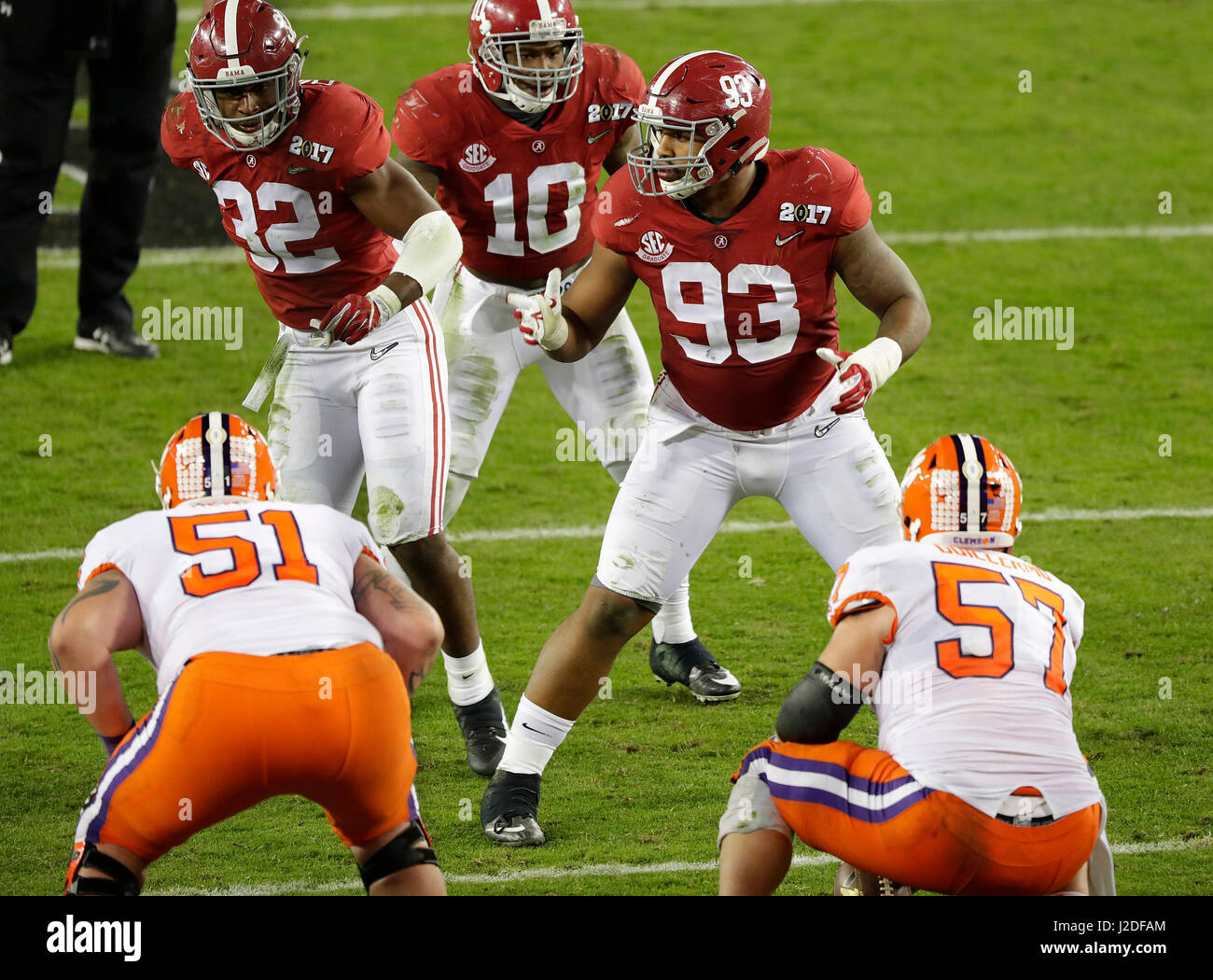 January, 9 2017 Tampa, FL.Alabama Crimson Tide defensive lineman (93) Jonathan Allen, (10) Reuben Foster, and (32) Rashaan Evans in action during the National Championship college football game between the Clemson Tigers, and Alabama Crimson Tide, on January 9, 2017. The Clemson Tigers beat the Alabama Crimson Tide 35-31 at Raymond James Stadium for the National Title, in Tampa, FL. (Absolute Complete Photographer & Company Credit: Jose/MarinMedia.org/Cal Sport Media) (Network Television please contact your Sales Representative for Television usage.) (Television news usage must over-burn Stock Photo