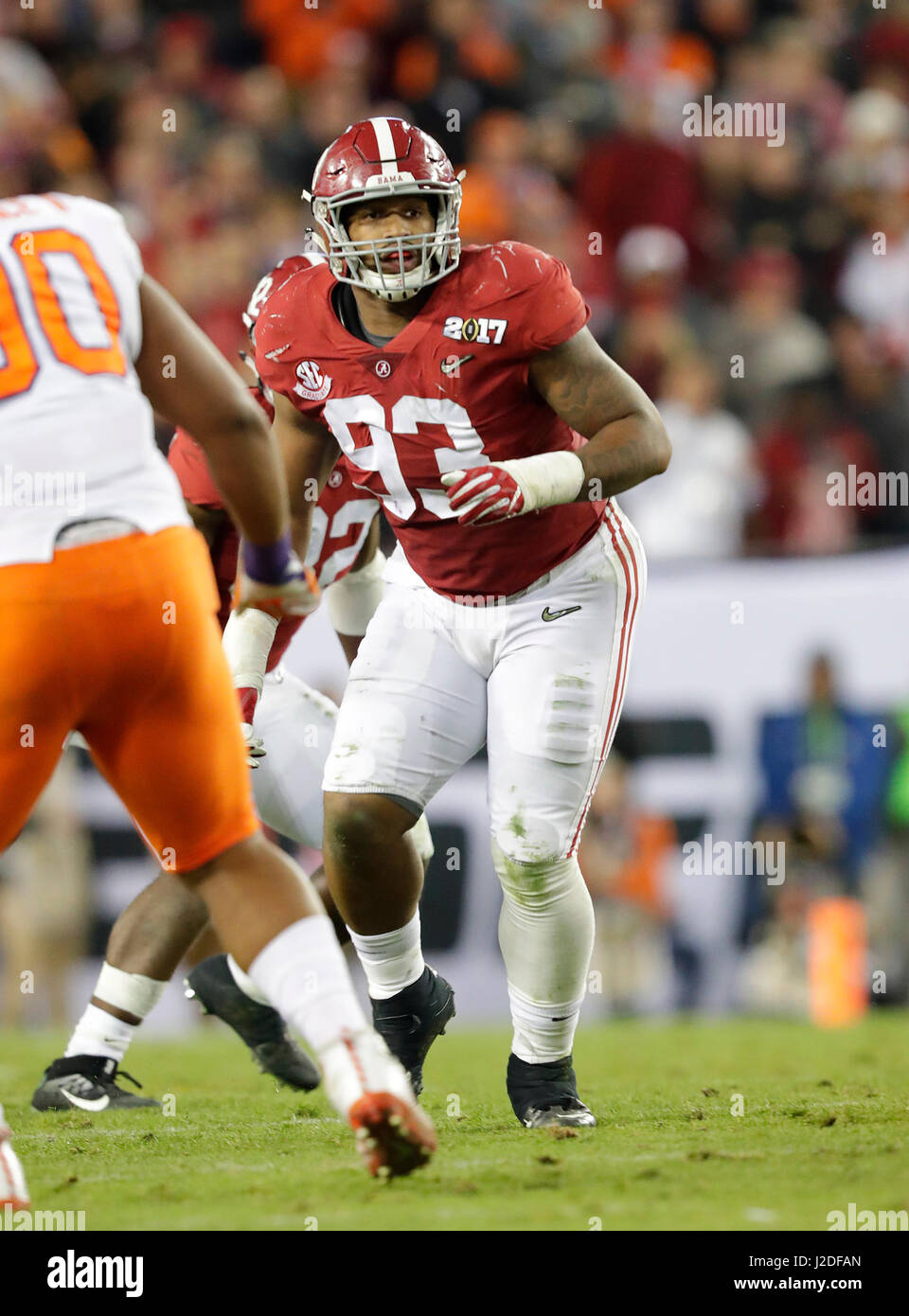 January, 9 2017 Tampa, FL.Alabama Crimson Tide defensive lineman (93) Jonathan Allen in action during the National Championship college football game between the Clemson Tigers, and Alabama Crimson Tide, on January 9, 2017. The Clemson Tigers beat the Alabama Crimson Tide 35-31 at Raymond James Stadium for the National Title, in Tampa, FL. (Absolute Complete Photographer & Company Credit: Jose/MarinMedia.org/Cal Sport Media) (Network Television please contact your Sales Representative for Television usage.) (Television news usage must over-burn ''MarinMedia'' on the top right corner of t Stock Photo