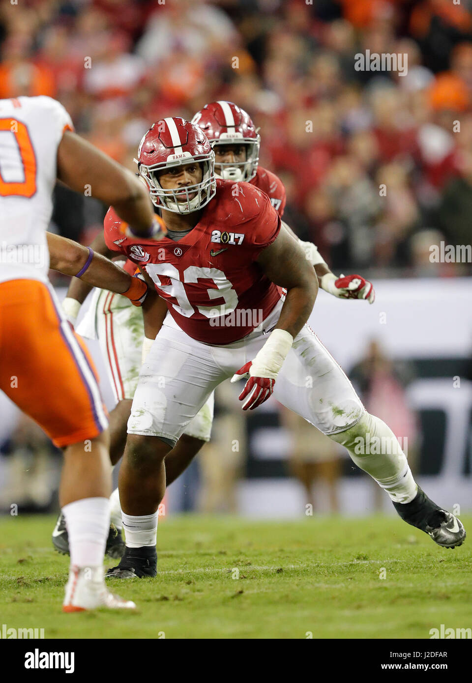 January, 9 2017 Tampa, FL.Alabama Crimson Tide defensive lineman (93) Jonathan Allen in action during the National Championship college football game between the Clemson Tigers, and Alabama Crimson Tide, on January 9, 2017. The Clemson Tigers beat the Alabama Crimson Tide 35-31 at Raymond James Stadium for the National Title, in Tampa, FL. (Absolute Complete Photographer & Company Credit: Jose/MarinMedia.org/Cal Sport Media) (Network Television please contact your Sales Representative for Television usage.) (Television news usage must over-burn ''MarinMedia'' on the top right corner of t Stock Photo