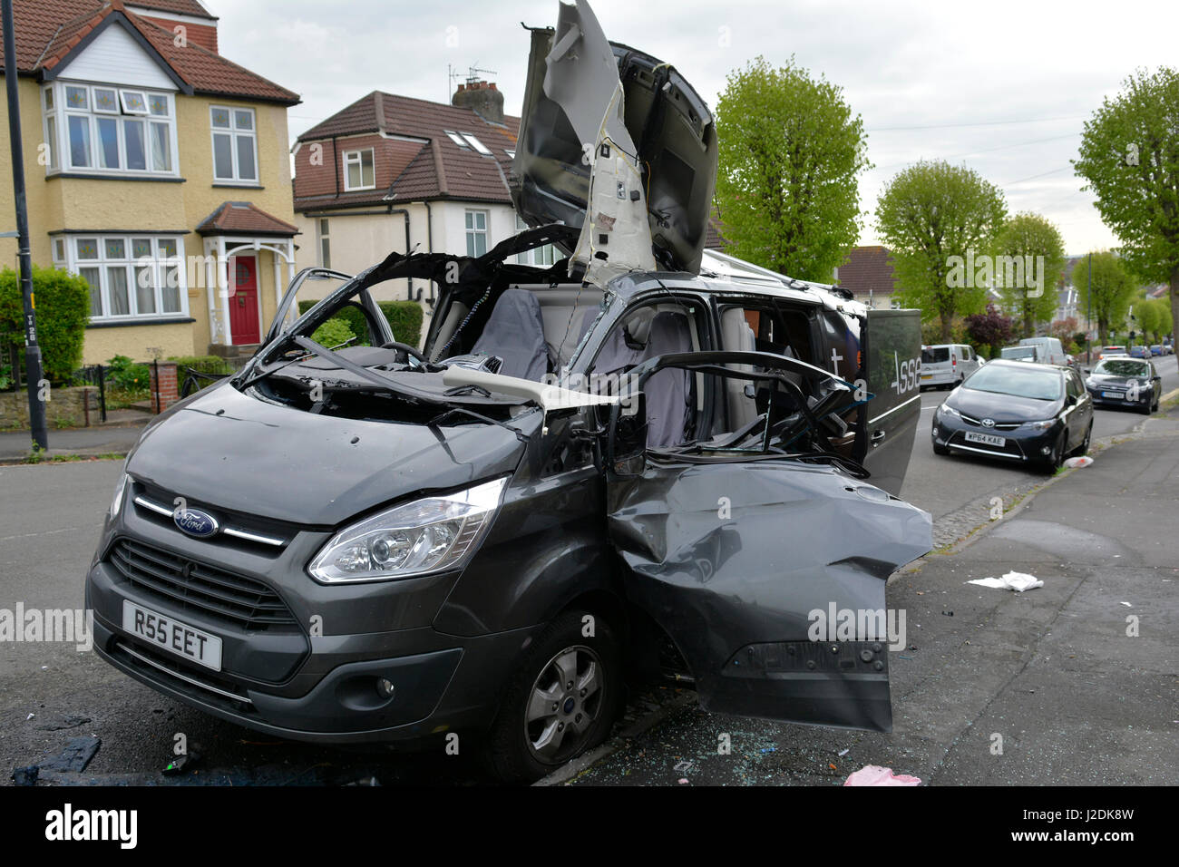 Bristol, UK. 28th April, 2017. Van ripped apart by gas bottle .The explosion happened on Linden Road in Bristol. One person taken to Hospital. Mandatory byline Robert Timoney/Alamy Live News Stock Photo