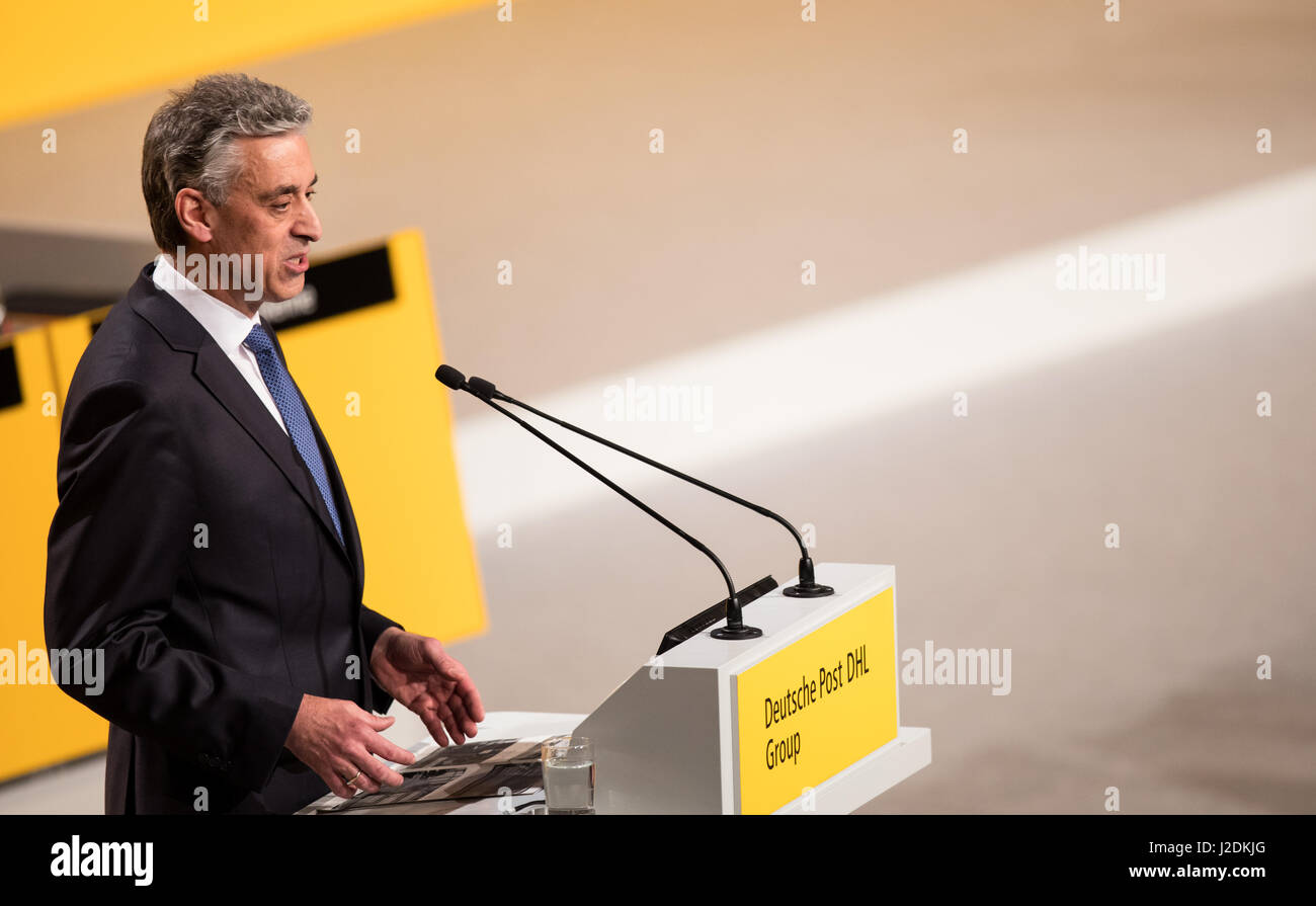 Bochum, Germany. 28th Apr, 2017. Frank Appel, the CEO of Deutsche Post AG, at the company's general meeting in Bochum, Germany, 28 April 2017. Appel presented the company's financial report. Photo: Marcel Kusch/dpa/Alamy Live News Stock Photo