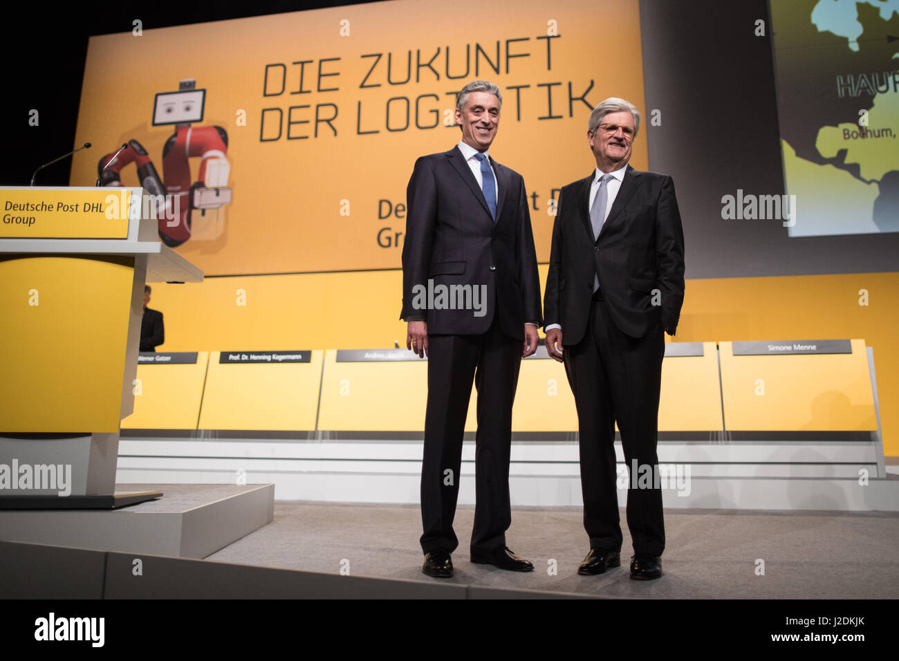 Bochum, Germany. 28th Apr, 2017. Frank Appel (R), the CEO of Deutsche Post AG, with chairman of the board of directors Wulf von Schimmelmann at the company's general meeting in Bochum, Germany, 28 April 2017. Appel presented the company's financial report. Photo: Marcel Kusch/dpa/Alamy Live News Stock Photo
