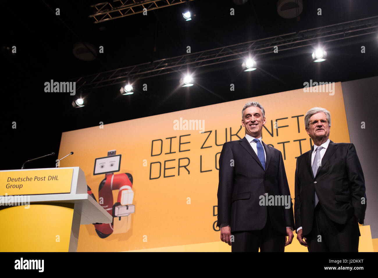 Bochum, Germany. 28th Apr, 2017. Frank Appel (R), the CEO of Deutsche Post AG, with chairman of the board of directors Wulf von Schimmelmann at the company's general meeting in Bochum, Germany, 28 April 2017. Appel presented the company's financial report. Photo: Marcel Kusch/dpa/Alamy Live News Stock Photo