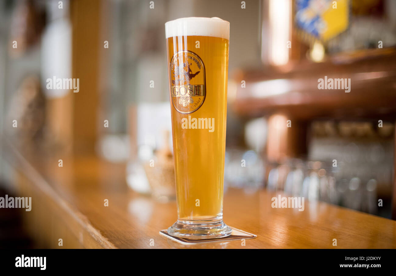 A glass of Gose beer, an old recipe containing salt and coriander, in the Goslar brewery in the