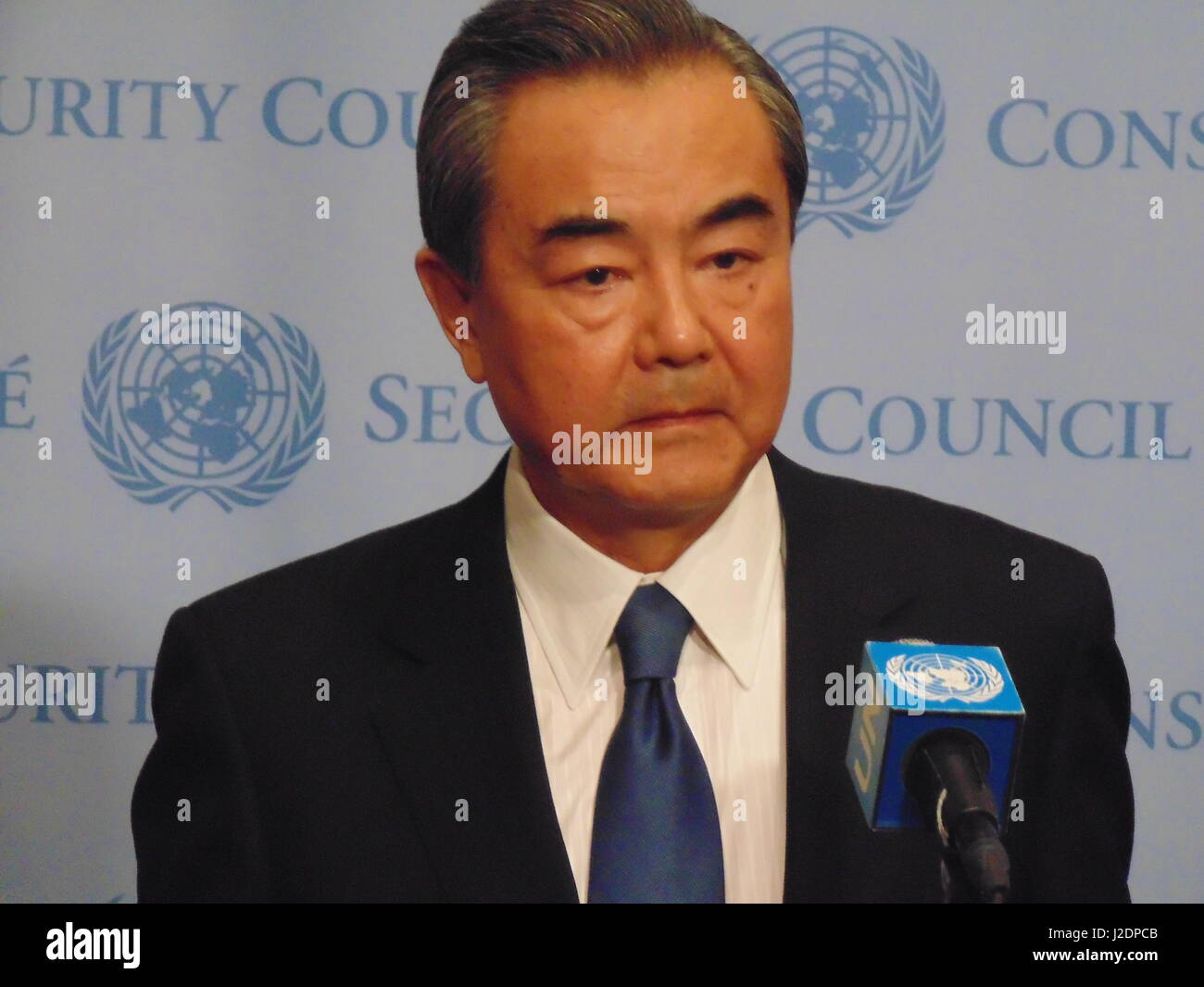 New York, USA. 28th Apr, 2017. China's Foreign Minister Wang Yi at UN Security Council stakeout position before North Korea meeting Credit: Matthew Lee/Alamy Live News Stock Photo